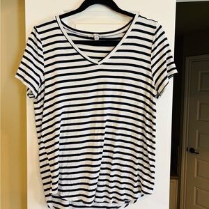 Green Envelope Navy and White Striped V-Neck Tee